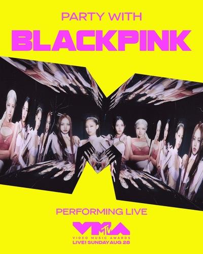 This image provided by YG Entertainment announces BLACKPINK's upcoming performance at the 2022 MTV Video Music Awards on Aug. 28, 2022. (PHOTO NOT FOR SALE) (Yonhap)