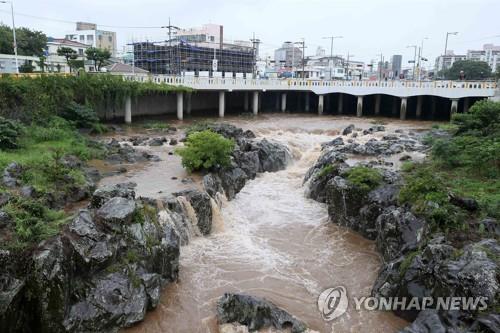 The water level of a stream is high on the southern island of Jeju on Sept. 5, 2022, as the country braces for Super Typhoon Hinnamnor. (Yonhap) 