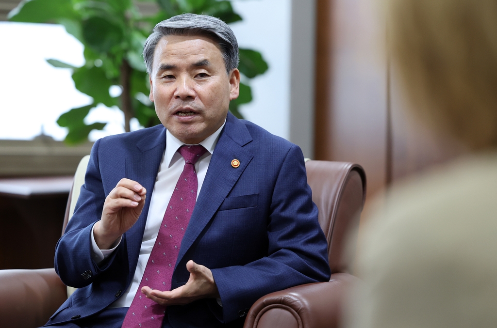 Defense Minister Lee Jong-sup speaks during an interview with Yonhap News Agency at his office in Seoul on Sept. 14, 2022. (Yonhap)