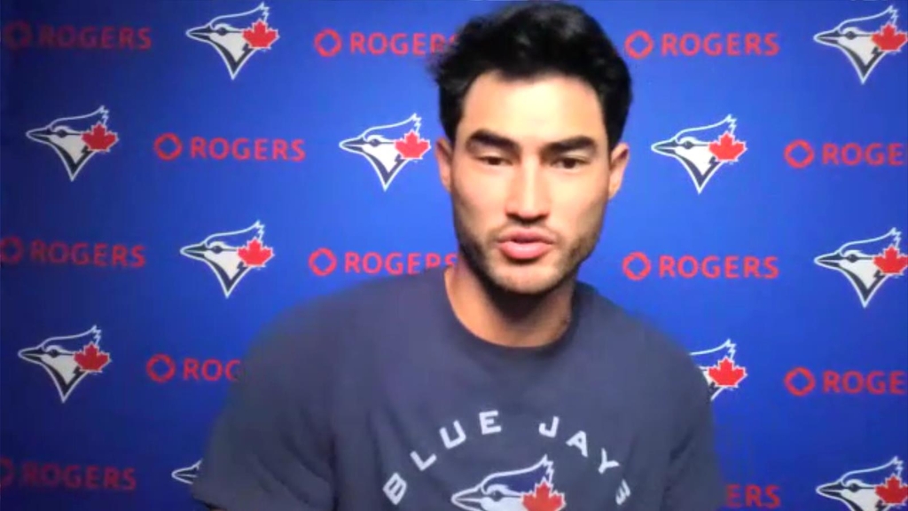 Mitch White of the Toronto Blue Jays speaks to Yonhap News Agency in a Zoom interview from Rogers Centre in Toronto on Sept. 30, 2022. (Yonhap)