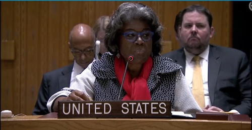 U.S. Ambassador to the United Nations Linda Thomas-Greenfield is seen speaking during a U.N. Security Council meeting held in New York on Nov. 21, 2022 to discuss North Korea's recent missile launches in this image captured from the website of the world body. (PHOTO NOT FOR SALE) (Yonhap)
