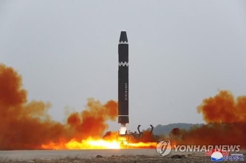 This photo, carried by North Korea's official Korean Central News Agency on Feb. 19, 2023, shows the North's launch of a Hwasong-15 intercontinental ballistic missile at a lofted angle the previous day. (For Use Only in the Republic of Korea. No Redistribution) (Yonhap)