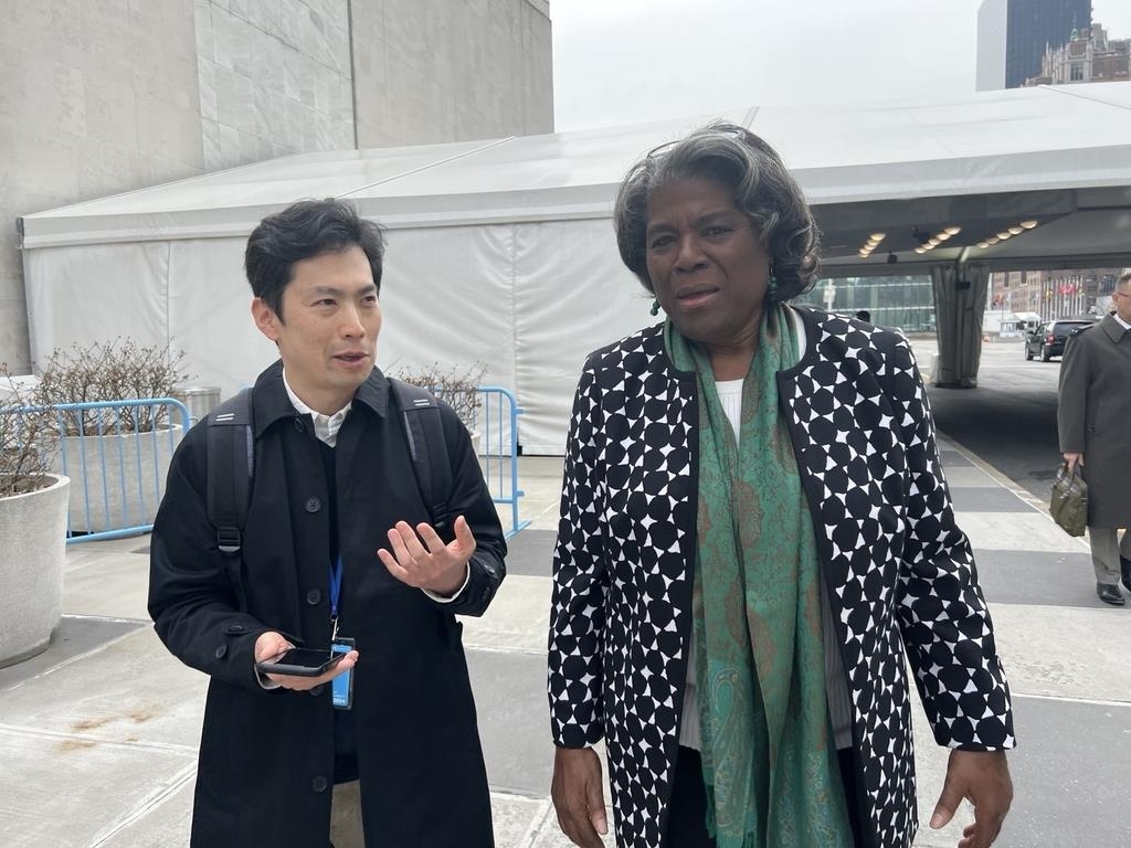 U.S. Ambassador to the United Nations Linda Thomas-Greenfield talks with a Yonhap News Agency reporter in New York on March 17, 2023. (Yonhap)