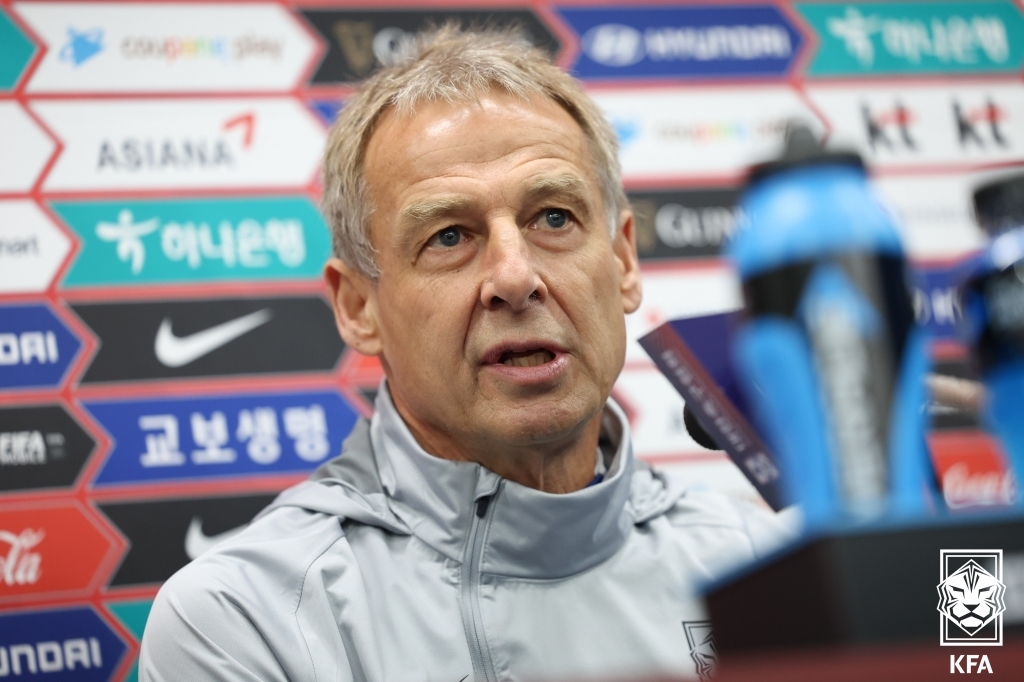 Jurgen Klinsmann, head coach of the South Korean men's national football team, speaks at a press conference at Munsu Football Stadium in the city of Ulsan, about 305 kilometers southeast of Seoul, on March 23, 2023, the eve of South Korea's friendly match against Colombia, in this photo provided by the Korea Football Association. (PHOTO NOT FOR SALE) (Yonhap)