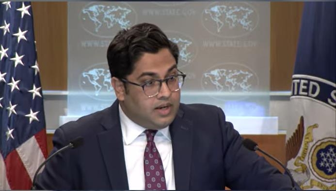 Vedant Patel, principal deputy spokesperson for the Department of State, is seen answering questions during a daily press briefing at the department in Washington on March 27, 2023 in this captured image. (Yonhap)