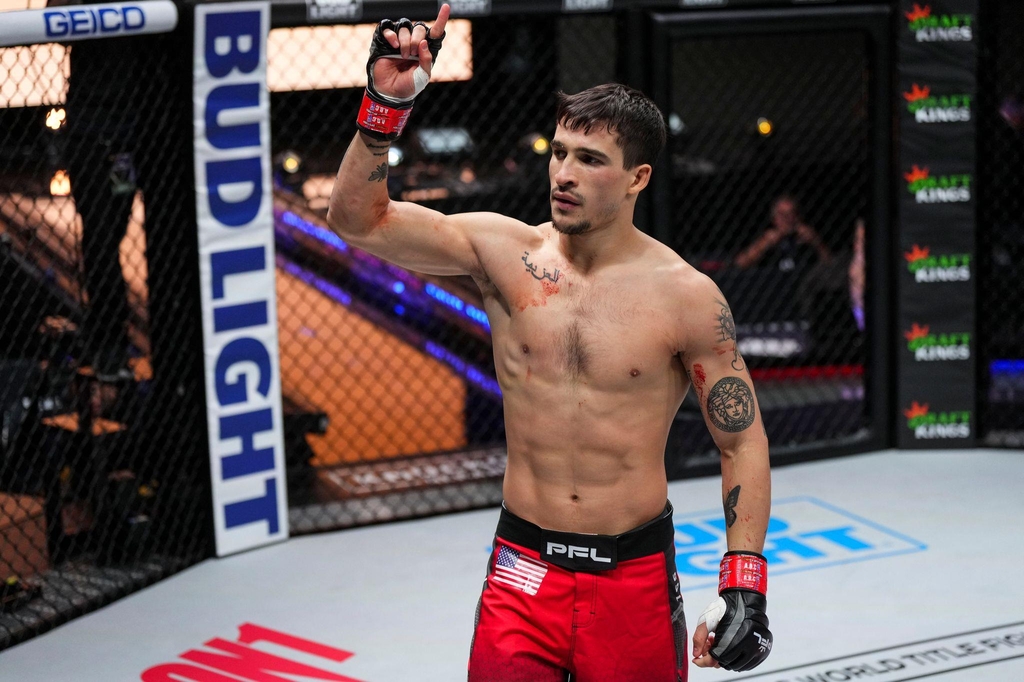 Biaggio Ali Walsh of the United States celebrates his victory over Tom Graesser, also of the United States, in the Professional Fighters League (PFL) at Hulu Theater at Madison Square Garden in New York on Nov. 25, 2022, in this photo provided by the PFL. (PHOTO NOT FOR SALE) (Yonhap)