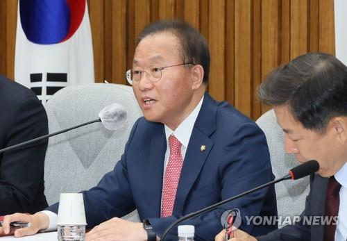 People Power Party floor leader Yun Jae-ok speaks at a party meeting held at the National Assembly in Seoul on May 23, 2023. (Yonhap)