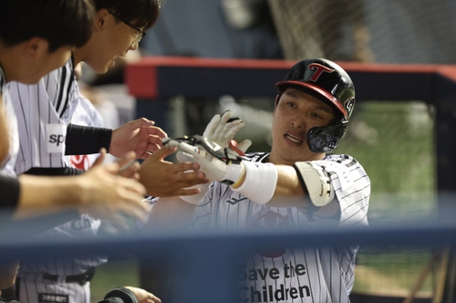 This May 16, 2023, file photo provided by the LG Twins shows Twins catcher Park Dong-won after a home run against the KT Wiz during a Korea Baseball Organization regular season game at Jamsil Baseball Stadium in Seoul. (PHOTO NOT FOR SALE) (Yonhap)