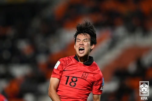 Park Seung-ho of South Korea celebrates his goal against Honduras during a Group F match at the FIFA U-20 World Cup at Estadio Malvinas Argentinas in Mendoza, Argentina, on May 25, 2023, in this photo provided by the Korea Football Association. (PHOTO NOT FOR SALE) (Yonhap)