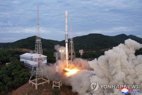 This photo provided by North Korea's Korean Central News Agency on June 1, 2023, shows the launch of the North's new Chollima-1 rocket, allegedly carrying a military reconnaissance satellite, Malligyong-1, from Tongchang-ri on the North's west coast at 6:29 a.m. the previous day. The projectile fell into waters some 200 kilometers west of the South's southwestern island of Eocheong following its flight over the waters far west of the border island of Baengnyeong. In just about 2 1/2 hours after the launch, the North confirmed its failure, citing the "abnormal starting of the second-stage engine." (For Use Only in the Republic of Korea. No Redistribution) (Yonhap)