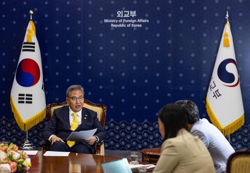 South Korean Foreign Minister Park Jin (L) speaks during an interview with Yonhap News Agency at his office in Seoul on June 8, 2023. (Yonhap)
