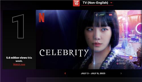 This image captured from Netflix's official site shows the Korean drama series "Celebrity" being atop its weekly Top 10 chart for the most-viewed non-English shows on the platform in the week of July 3-9, 2023. (PHOTO NOT FOR SALE) (Yonhap)
