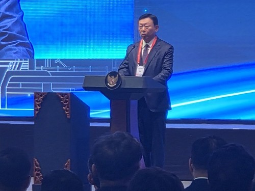 Lotte Group Chairman Shin Dong-bin speaks during an inauguration ceremony of Lotte Chemical Corp.'s new petrochemical plant in Cilegon, West Java, on Nov. 6, 2025. (Yonhap)