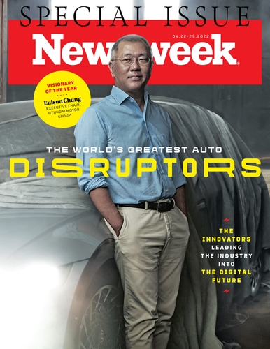 Cette image montre le président du groupe Hyundai Motor, Euisun Chung, lauréat du prix du «Visionnaire de l'année» lors de l'événement inaugural du Newsweek World's Greatest Auto Disruptors Award. (Revente et archivage interdits)