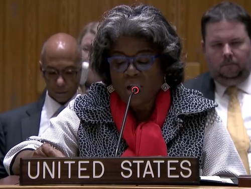 L'ambassadrice des Etats-Unis auprès de l'ONU Linda Thomas-Greenfield prend la parole lors d'une réunion du Conseil de sécurité des Nations unies tenue à New York le 21 novembre 2022 (heure locale) pour discuter des récents tirs de missiles nord-coréens. (Capture d'écran de l'UN Web TV. Revente et archivage interdits) 