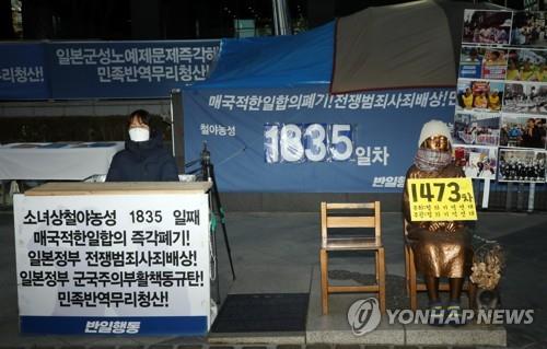少女像のそばで座り込みを行う市民団体メンバー（資料写真）＝（聯合ニュース）