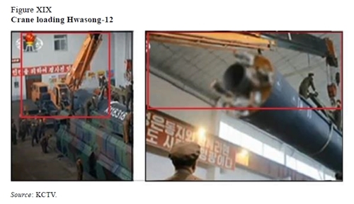 (서울=연합뉴스) 유엔 대북제재위원회 전문가 패널은 조선중앙TV가 2017년 5월 14일 방영한 화성-12 미사일 장착 장면 속 기중기를 일본 회사가 생산했을 가능성이 크다고 지적했다. 사진은 2018년 패널 보고서. 