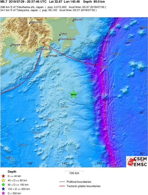 30일 규모 6.0의 지진이 발생한 일본 하치조지마 심해 [EMSC 홈페이지 캡처=연합뉴스]