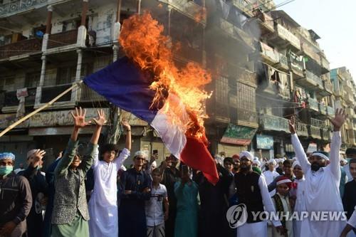 파키스탄서 프랑스 국기 태우는 시위대