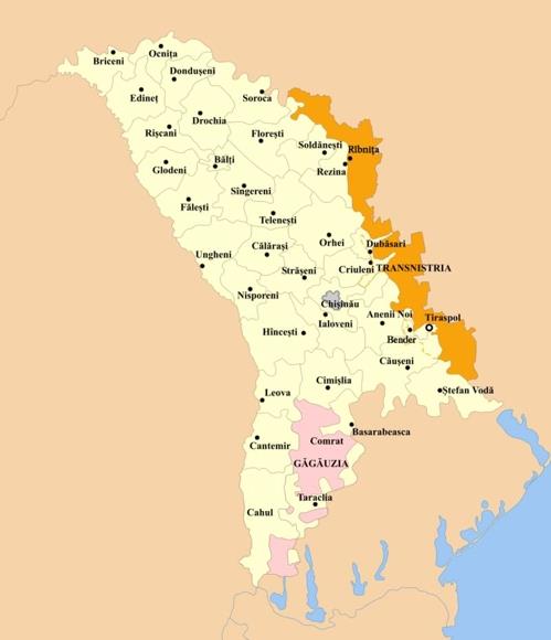 몰도바 지도. 황색으로 칠해진 지역이 우크라이나와 접경한 트란스니스트리아. [위키피디아 자료사진] 