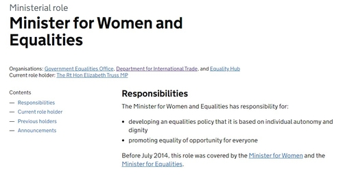 영국 '여성·평등 부장관(Minister for Women and Equalities)' 직책에 관한 설명