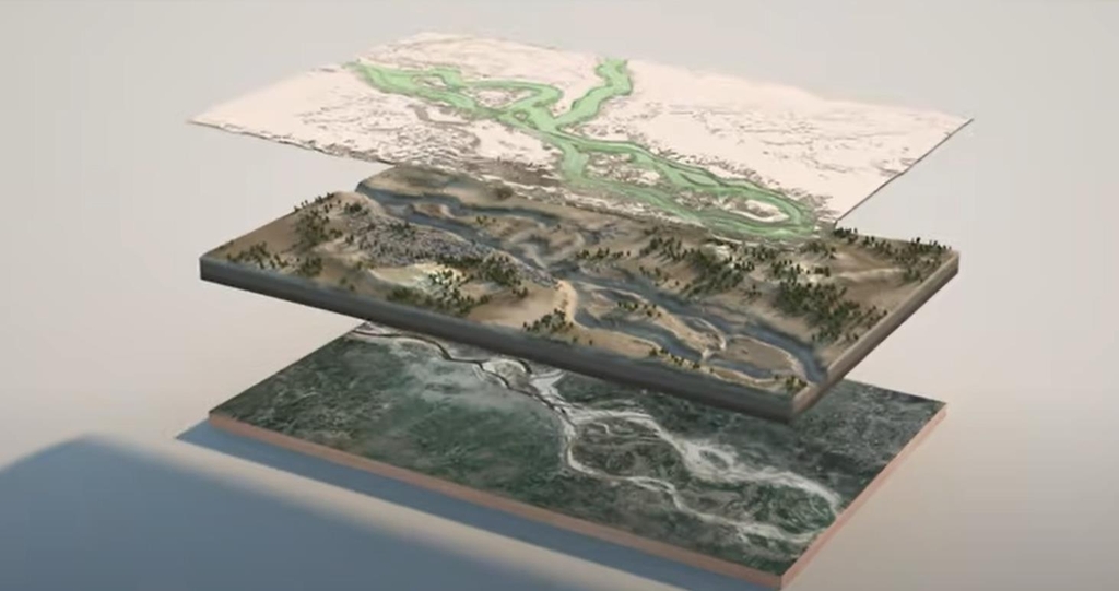 홍수 예보를 위한 디지털 지형 모델 제작 과정을 묘사한 개념도