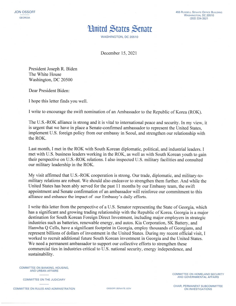 존 오소프 미국 상원의원, 주한 미 대사 지명 촉구