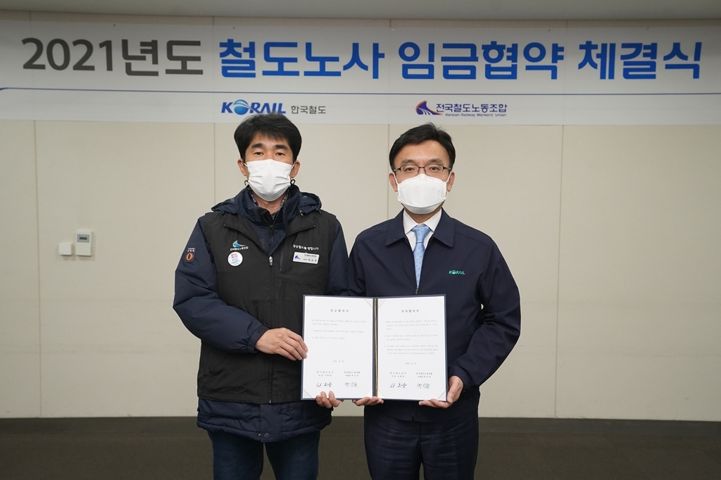 협약 체결하는 나희승 코레일 사장(오른쪽)과 박인호 철도노조 위원장
