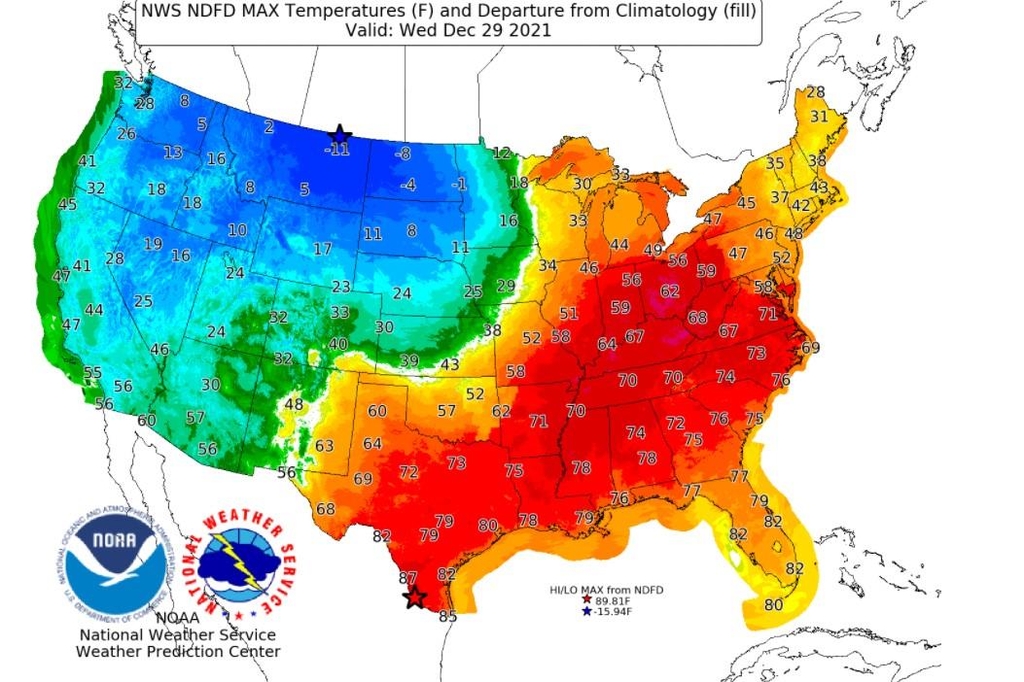 미국 국립기상청이 게시한 내주 기온 분포도