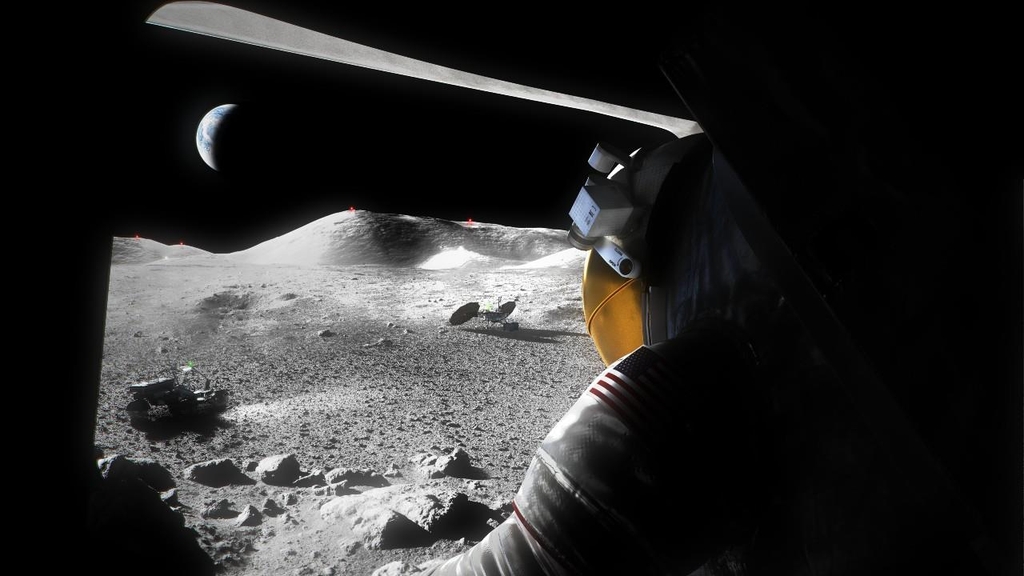 달 착륙선 출입구에서 서서 밖을 내다보는 우주비행사 상상도 