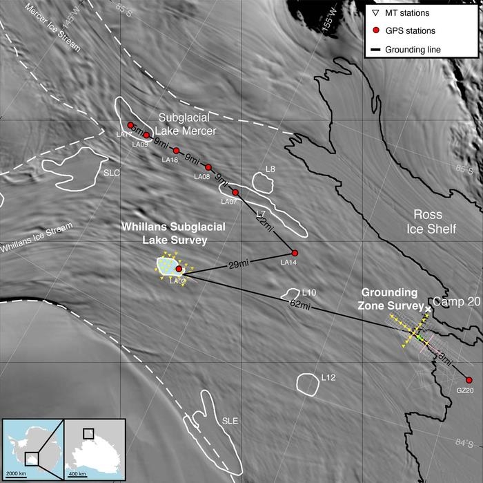 윌런스 빙하류와 연구팀 이동 지역(황색·적색점). 중앙 하늘색은 윌런스 빙저호. 