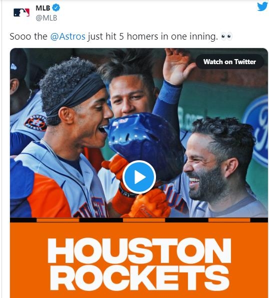 한 이닝 5홈런을 친 휴스턴을 소개한 MLB 트위터