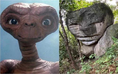 영화 속 'ET'(왼쪽)와 브라질의 'ET 닮은 바위'