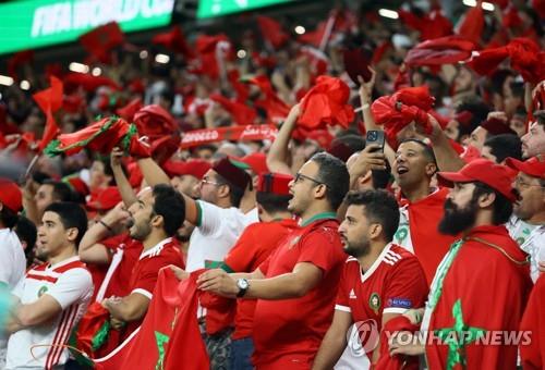 카타르 경기장에서 모로코를 응원하는 축구 팬들