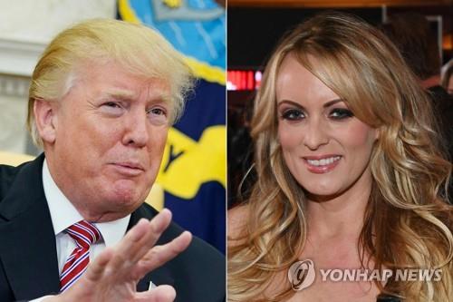 전직 포르노 배우 '스토미 대니얼스'(오른쪽)와의 성추문에 대한 폭로를 막기 위해 돈을 줬다는 의혹으로 기소된 도널드 트럼프 전 미국 대통령 [AFP 연합뉴스 자료사진. 재판매 및 DB 금지] 