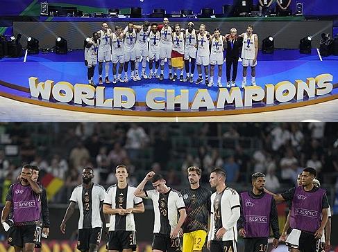 기뻐하는 독일 농구 대표팀(위)과 실망한 축구대표팀(아래)