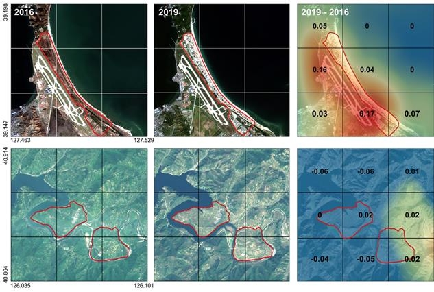 2016년과 2019년 위성영상과 경제점수 차이. 관광개발구 중 하나인 원산 갈마지구(상단)는 유의미한 개발이 발견됐으나, 공업개발구인 위원개발구(하단)는 변화가 나타나지 않았음. 배경사진은 센티넬-2 위성영상 유럽우주국 (ESA) 제공.[한국과학기술원(KAIST) 제공. 재판매 및 DB 금지]