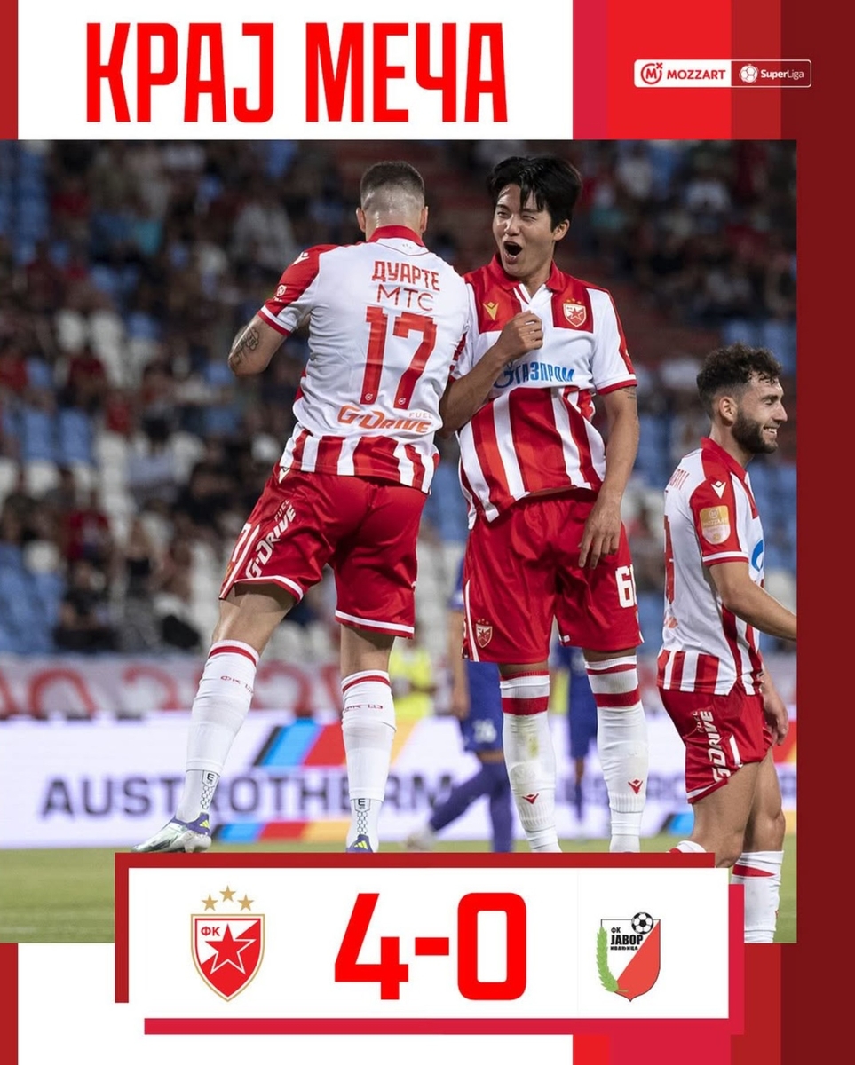 즈베즈다 설영우, 개막전부터 결승골 도움…팀은 4-0 대승
