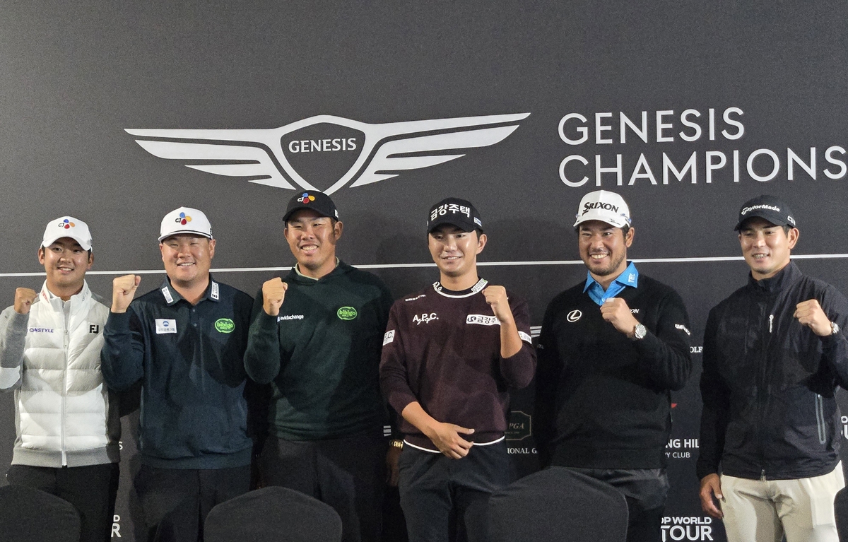 기자회견에 참석한 최승빈(왼쪽부터), 임성재, 안병훈, 옥태훈, 마쓰야마 히데키, 나카지마 게이타 [촬영 최송아]