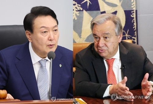 La foto de archivo compuesta muestra al presidente surcoreano, Yoon Suk-yeol (izda.), y el secretario general de la ONU, António Guterres.