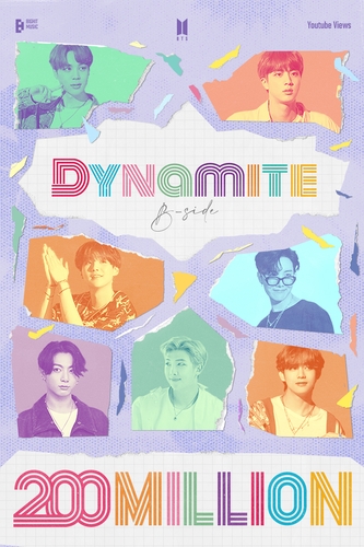 La imagen, proporcionada por Big Hit Music, muestra un póster para conmemorar los 200 millones de visualizaciones en YouTube de la segunda versión del videoclip de la canción "Dynamite", del grupo masculino de K-pop BTS. (Prohibida su reventa y archivo)