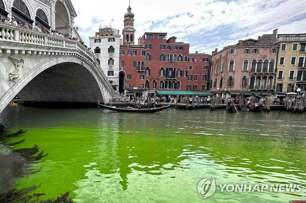 녹색 물감 퍼진 伊 베네치아 운하…"환경단체 시위 가능성도"