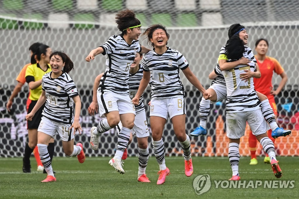 In this AFP photo, South Korean players celebrate a goal against China during the teams' Olympic women's football qualifying match at Suzhou Olympic Sports Centre in Suzhou, China, on April 13, 2021. (Yonhap)