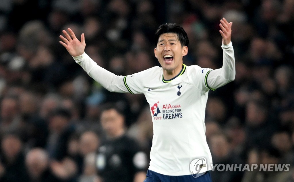 In this EPA photo, Son Heung-min of Tottenham Hotspur celebrates his goal against Manchester United during the clubs' Premier League match at Tottenham Hotspur Stadium in London on April 27, 2023. (Yonhap)