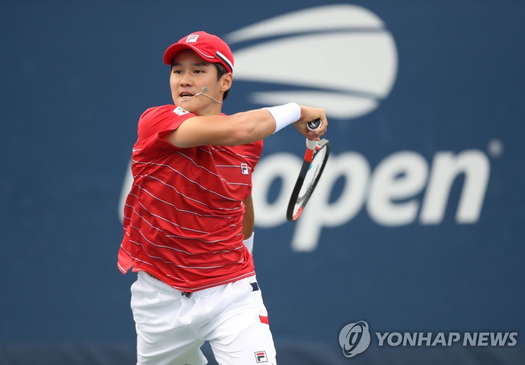 In this Getty Images photo, Kwon Soon-woo of South Korea hits a shot against Thai-Son Kwiatkowski of the United States during the men's singles first round match at the U.S. Open at Billie Jean King National Tennis Center in New York City on Aug. 31, 2020. (Yonhap)