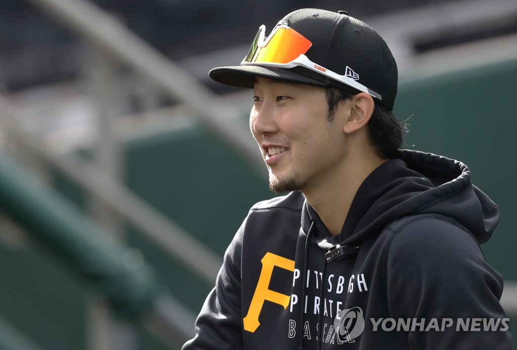 In this USA Today Sports photo via Reuters, Park Hoy-jun of the Pittsburgh Pirates smiles in the dugout before facing the Cincinnati Reds in a Major League Baseball regular season game at PNC Park in Pittsburgh on Oct. 2, 2021. (Yonhap)