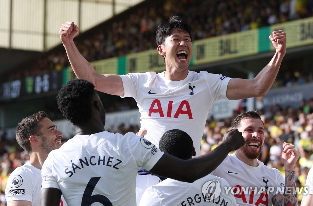 In this Action Images photo via Reuters, Son Heung-min of Tottenham Hotspur (C) celebrates his goal against Norwich City during the clubs' Premier League match at Carrow Road in Norwich, England, on May 22, 2022. (Yonhap)