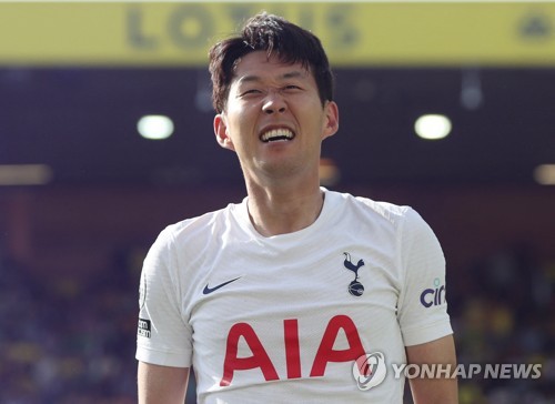 In this Action Images photo via Reuters, Son Heung-min of Tottenham Hotspur celebrates his goal against Norwich City during the clubs' Premier League match at Carrow Road in Norwich, England, on May 22, 2022. (Yonhap)