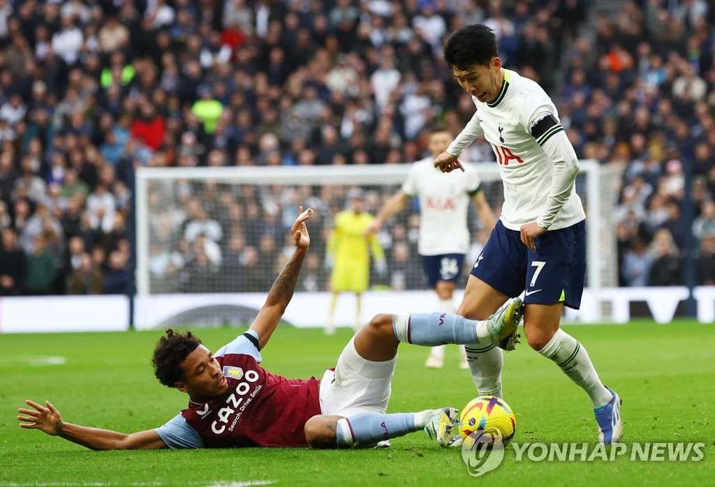 In this Action Images photo via Reuters, Son Heung-min of Tottenham Hotspur (R) is challenged by Boubacar Kamara of Aston Villa during the clubs' Premier League match at Tottenham Hotspur Stadium in London on Jan. 1, 2023. (Yonhap)