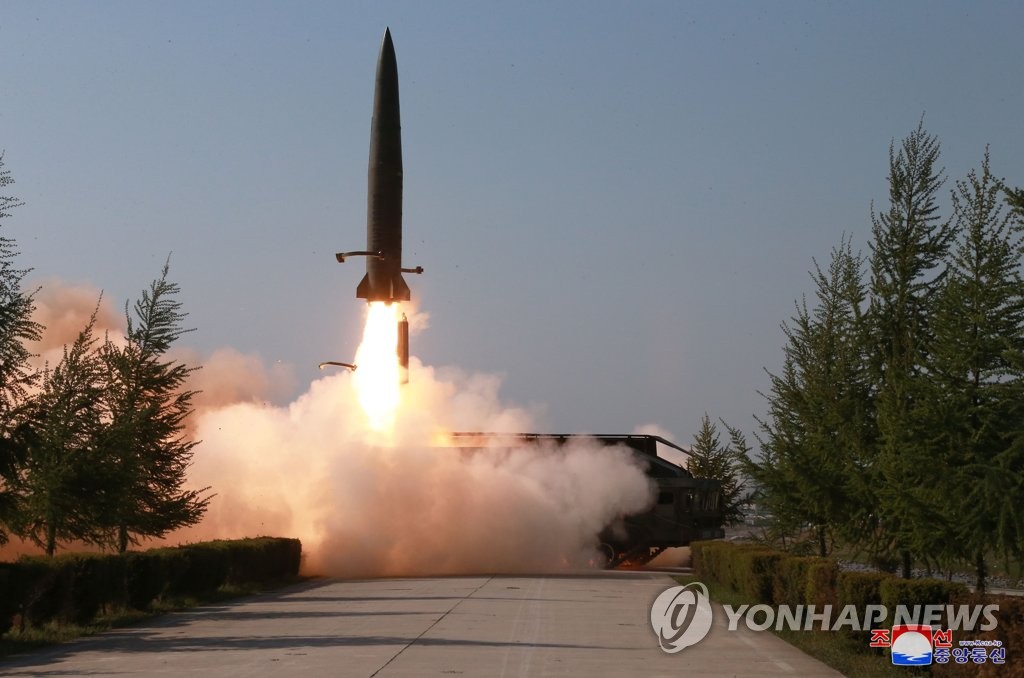 This photo, filed May 9, 2019, shows an image captured from North Korea's state television channel of a short-range missile fired from a launcher on the same day. (For Use Only in the Republic of Korea. No Redistribution) (Yonhap) 